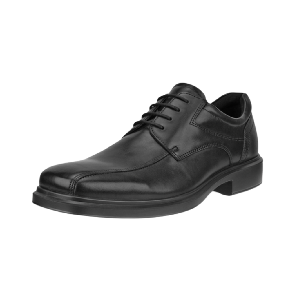 ECCO Helsinki 2 Bike Toe Derby in Black featuring a polished full-grain leather upper, bike toe stitching, FLUIDFORM™ Direct Comfort Technology, dual-fit removable orthotic-friendly insole, textile and leather lining, and flexible rubber outsole for professional style and lasting comfort.