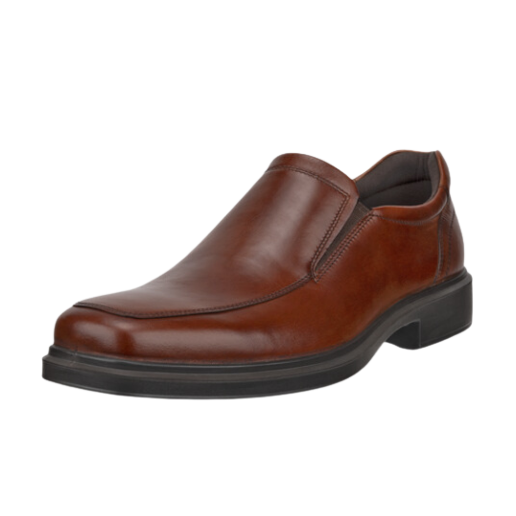 ECCO Men’s Helsinki 2 Apron Toe Slip-On in Cognac featuring a premium ECCO leather upper, classic apron toe design, easy slip-on construction, PHORENE™ molded footbed, removable Dual Fit insoles, FLUIDFORM™ shock-absorbing sole, and polished styling designed for comfortable professional and everyday wear.