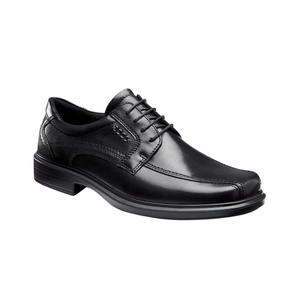 ECCO Helsinki Bike Toe Lace in Black featuring a smooth full-grain leather upper, bike toe detailing, FLUIDFORM™ Direct Comfort Technology, removable orthotic-friendly insole, soft textile lining, and flexible rubber outsole for polished style and all-day support.