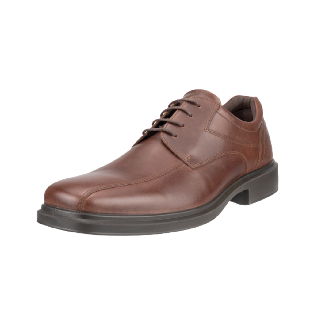 ECCO Helsinki 2 Bike Toe Derby in Mink featuring a polished full-grain leather upper, sleek bike toe stitching, classic Derby silhouette, FLUIDFORM™ Direct Comfort Technology, Dual-Fit removable insole, breathable textile and leather lining, and flexible rubber outsole designed for polished style and all-day comfort.