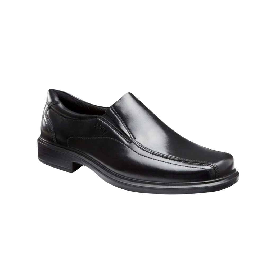 ECCO Helsinki Slip-On Dress Shoe in Black featuring a premium full-grain leather upper, elastic side panels, FLUIDFORM™ Direct Comfort Technology, removable orthotic-friendly insole, soft textile lining, and flexible rubber outsole for polished style and all-day comfort.