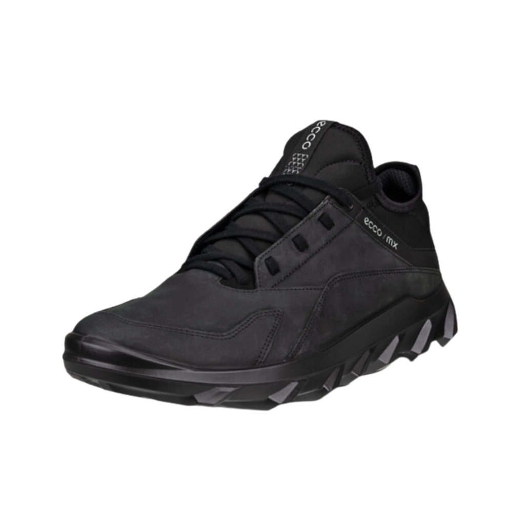 ECCO MX Low in Black featuring a breathable synthetic and textile upper, motocross-inspired rubber outsole, stretch sock-like construction, ECCO FLUIDFORM™ Direct Comfort Technology, removable orthotic-friendly insole, and rugged low-profile design built for versatile performance from trails to city streets.