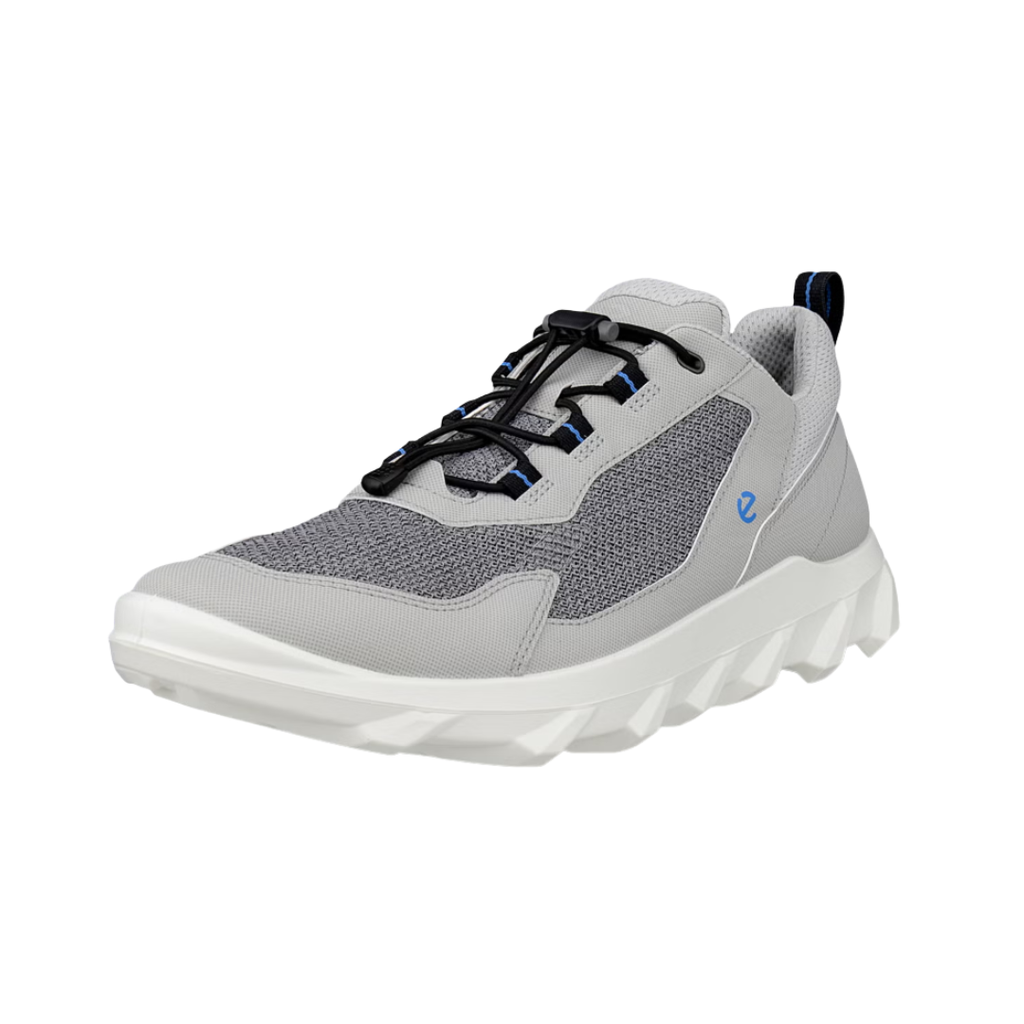 ECCO MX Low Breathru in Concrete/Silver Grey featuring an ultra-breathable mesh upper, stretch sock-like fit, quick-lace system, FLUIDFORM™ Direct Comfort Technology, removable orthotic-friendly insole, and motocross-inspired rubber outsole designed for lightweight comfort, flexibility, and trail-ready traction.