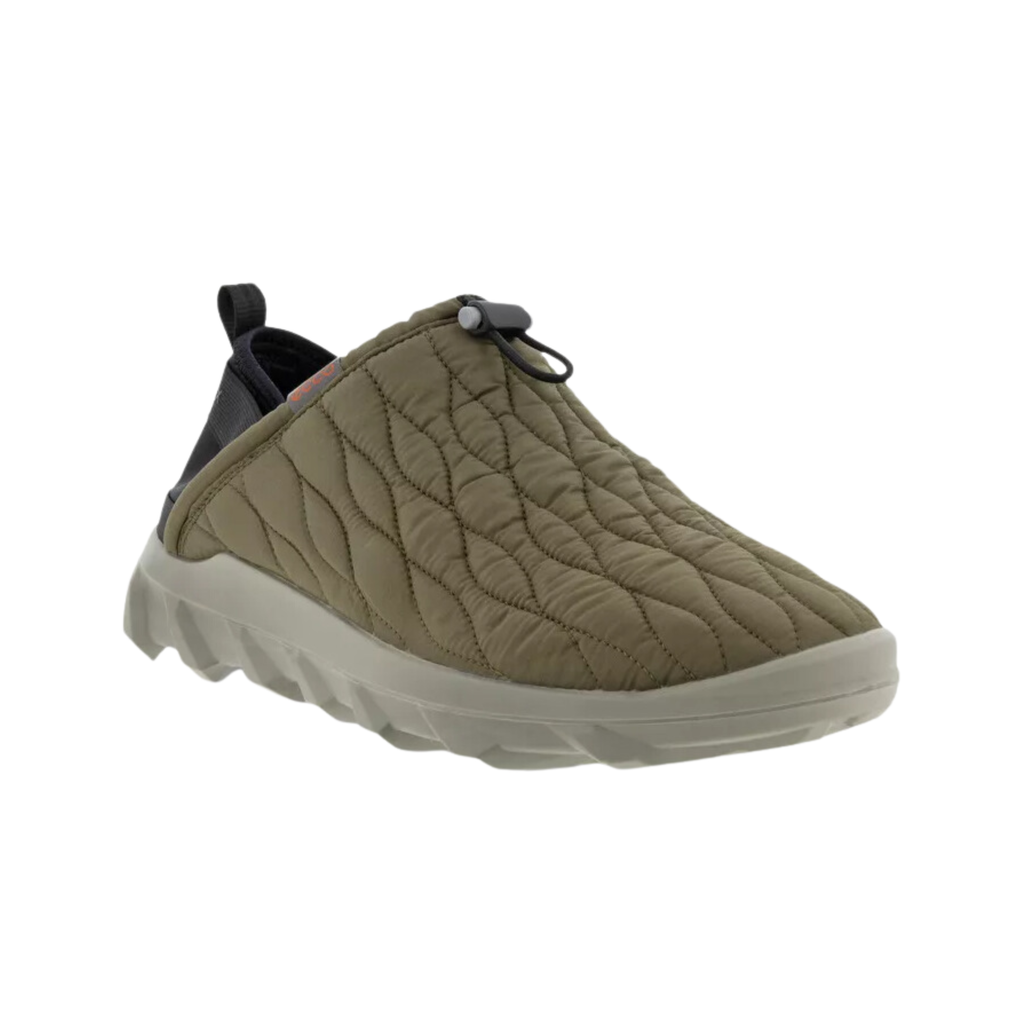 ECCO MX Q-Slip in Tarmac featuring a stretch textile upper, QUICK FIT™ slip-on construction, elastic collar, heel tab, FLUIDFORM™ Direct Comfort Technology, removable orthotic-friendly insole, and motocross-inspired rubber outsole designed for hands-free convenience, cushioning, and versatile traction.