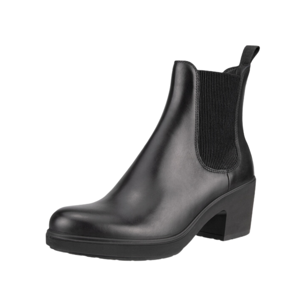 ECCO Women’s Metropole Zürich Chelsea Boot in Black featuring a smooth leather upper, stretch elastic side panels, FLUIDFORM™ Technology, soft textile lining, removable orthotic-friendly insole, and durable rubber outsole for polished style and supportive everyday comfort.