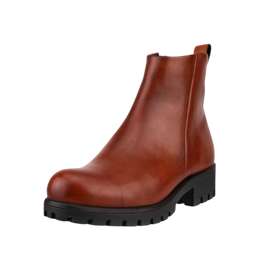 ECCO Women’s Modtray Ankle Boot in Cognac featuring a rich full-grain leather upper, side zip entry, FLUIDFORM™ Direct Comfort Technology, breathable textile lining, removable orthotic-friendly insole, and chunky lugged rubber outsole for modern style and supportive everyday comfort.