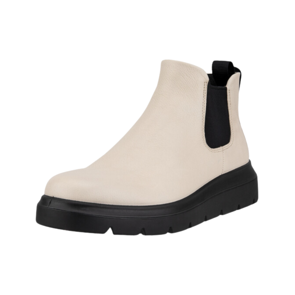 ECCO Women’s Nouvelle Chelsea Boot in Limestone featuring a smooth leather upper, dual elastic side panels, FLUIDFORM™ Direct Comfort Technology, removable orthotic-friendly insole, textile lining, low block heel, and lightweight PU outsole for polished style and all-day comfort.