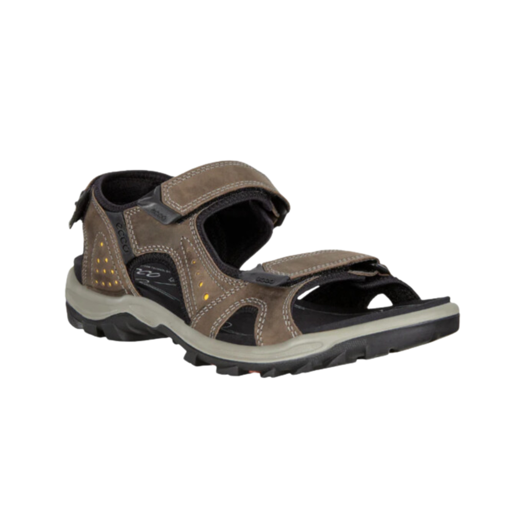 ECCO Offroad Lite Sandal in Dark Clay featuring a premium nubuck leather upper, adjustable hook-and-loop straps, RECEPTOR® Lite Technology, dual-density EVA footbed, shock-absorbing midsole, and lightweight rubber outsole designed for supportive comfort and reliable performance on trails and pavement.