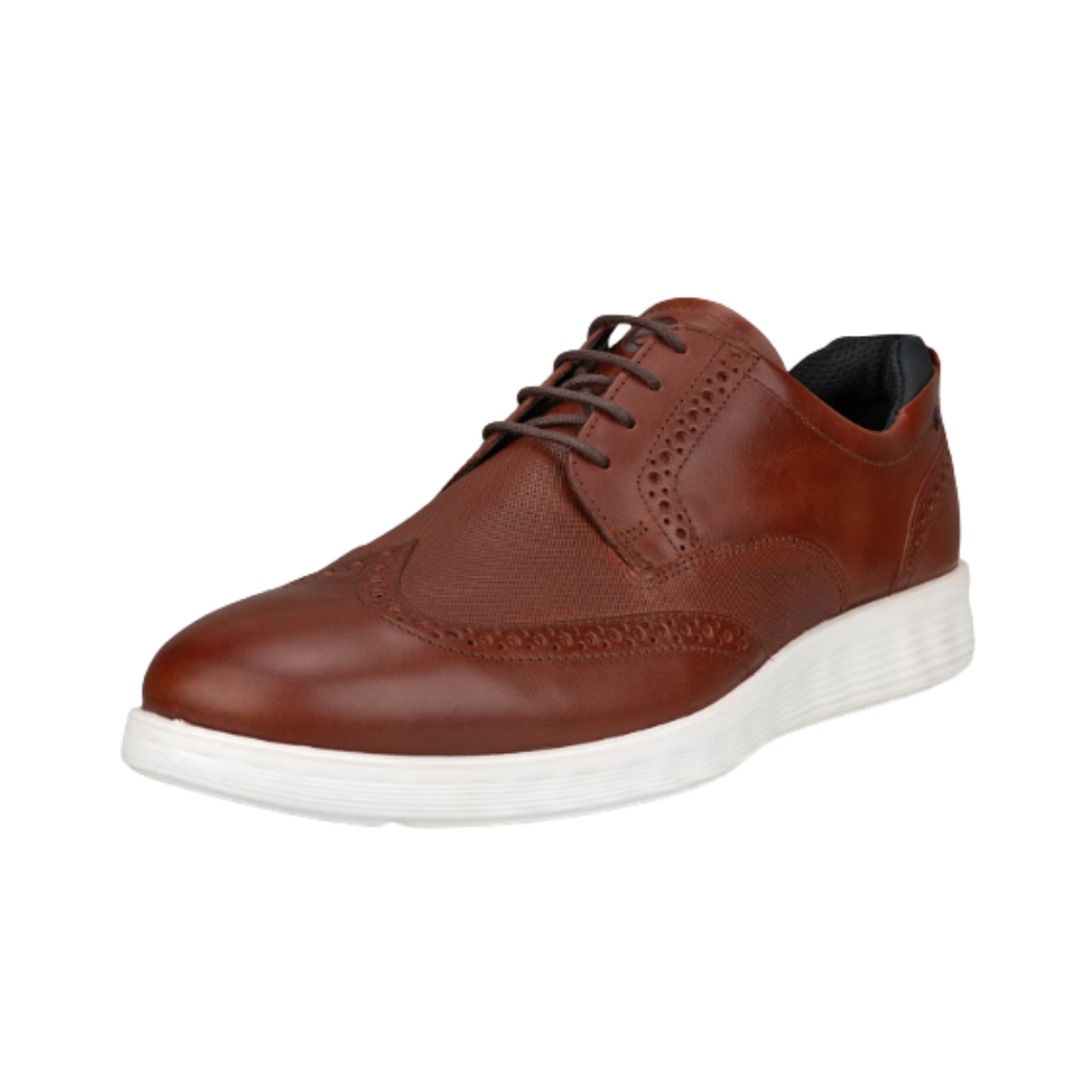 ECCO S Lite Hybrid Brogue in Cognac featuring a premium full-grain leather upper, classic brogue perforations, FLUIDFORM™ Direct Comfort Technology, ultra-light PU outsole, lace-up closure, textile lining, and removable orthotic-friendly insole designed to combine refined style with lightweight everyday comfort.