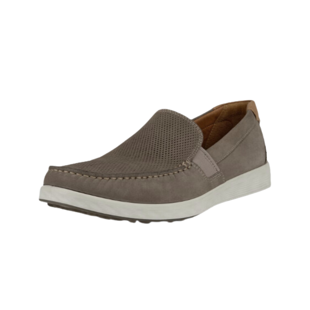 ECCO S Lite Moccasin Slip-On in Warm Grey featuring a premium nubuck upper, classic moc-toe stitching, FLUIDFORM™ Direct Comfort Technology, ultra-light PU outsole, soft textile lining, slip-on construction, and removable orthotic-friendly inlay designed for lightweight support and everyday comfort.