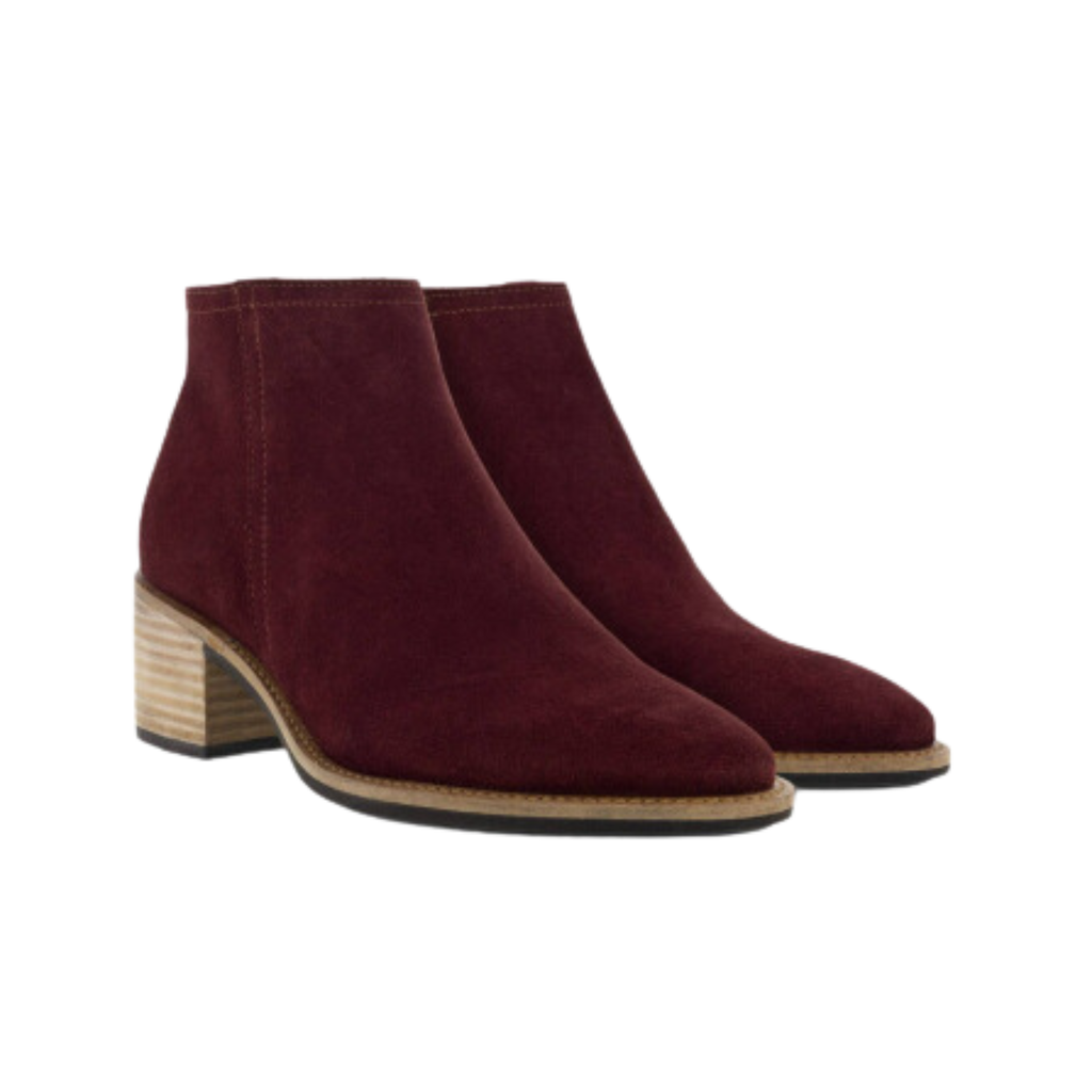 ECCO Women’s Shape 35 Sartorelle Ankle Boot in Andorra featuring a premium burgundy suede upper, side zip closure, ECCO SHAPE Technology, FLUIDFORM™ Direct Comfort Technology, removable orthotic-friendly insole, 35mm stacked heel, and breathable textile lining for refined style and supportive comfort.