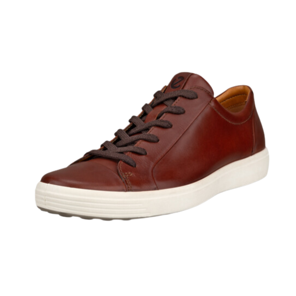 ECCO Soft 7 City Sneaker in Cognac featuring a premium full-grain leather upper, minimalist low-profile design, FLUIDFORM™ Direct Comfort Technology, breathable textile lining, removable anatomically shaped insole, and durable PU/TPU outsole designed for polished everyday style and supportive comfort.