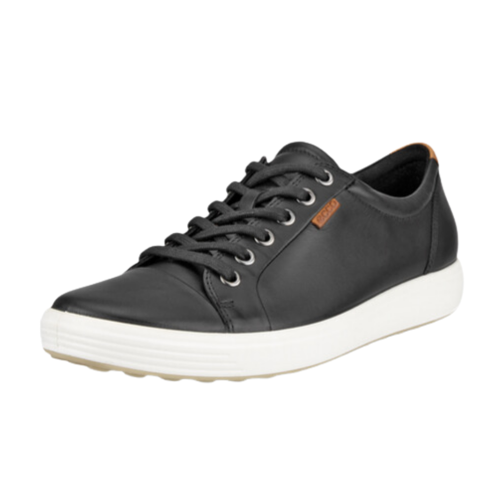 ECCO Women’s Soft 7 Sneaker in Black featuring a premium leather upper, full lace-up closure, FLUIDFORM™ Direct Comfort Technology, removable leather-covered insole, breathable textile lining, and durable PU/TPU outsole designed for clean Scandinavian style and supportive everyday comfort.