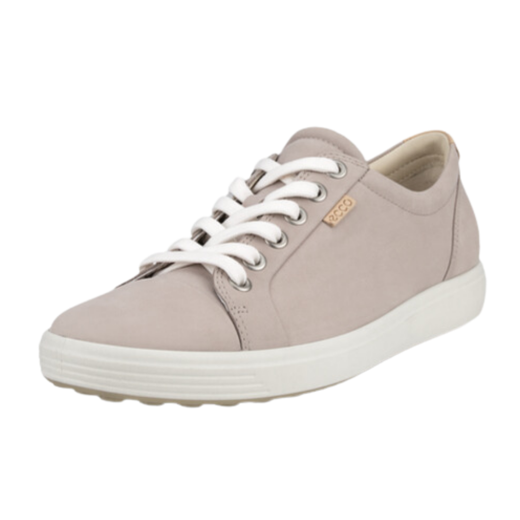 ECCO Women’s Soft 7 Sneaker in Grey Rose featuring a premium nubuck leather upper, full lace-up closure, FLUIDFORM™ Direct Comfort Technology, removable leather-covered insole, breathable textile lining, and durable PU/TPU outsole designed for minimalist style and supportive everyday comfort.