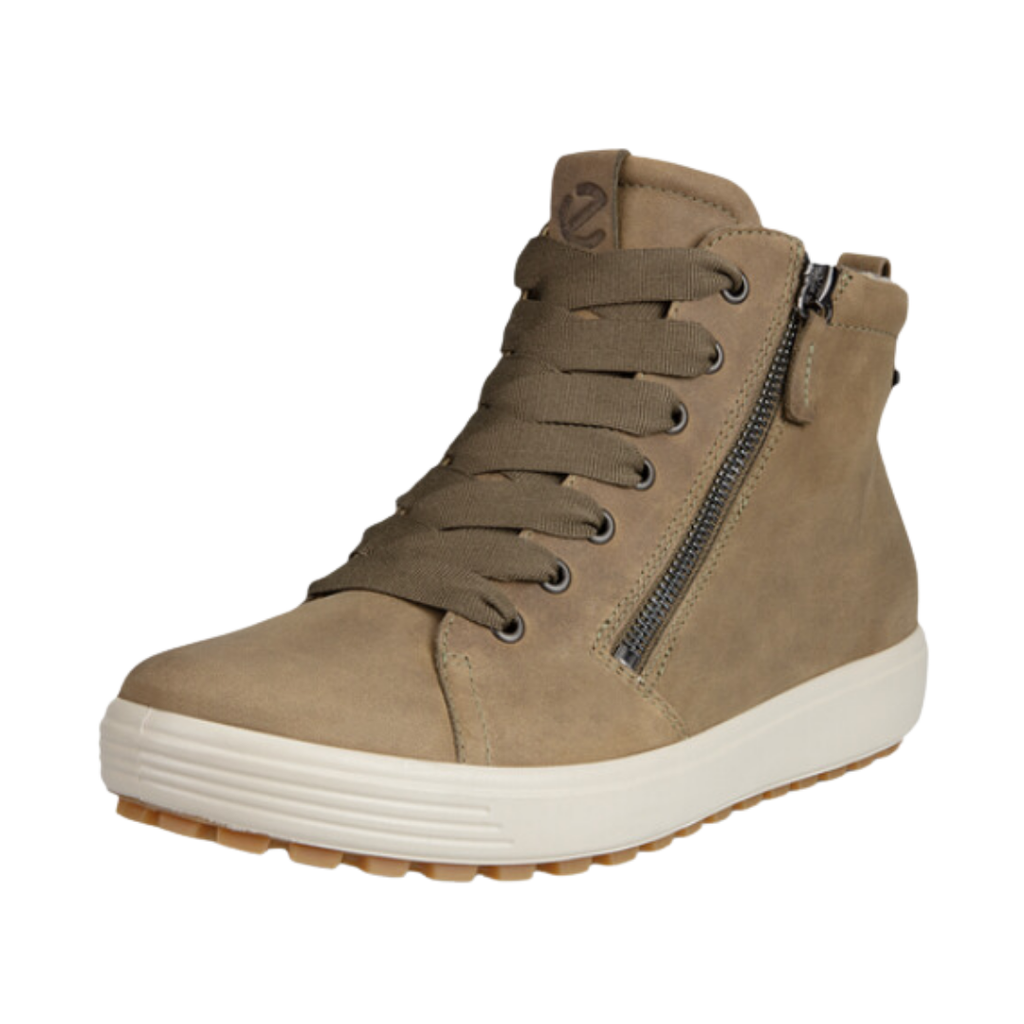 ECCO Women’s Soft 7 Tred GTX High in Sage featuring a premium nubuck leather upper, GORE-TEX® waterproof technology, warm textile lining, FLUIDFORM™ Direct Comfort Technology, high-top silhouette, removable leather-covered insole, and rugged rubber outsole designed for comfortable cold-weather performance.