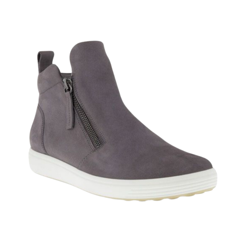 ECCO Women’s Soft 7 Zip Bootie in Gravity featuring a rich dark grey nubuck upper, convenient side zippers, FLUIDFORM™ Direct Comfort Technology, anatomically designed last, removable leather-covered insole, and durable PU/TPU outsole for lightweight, supportive everyday comfort.
