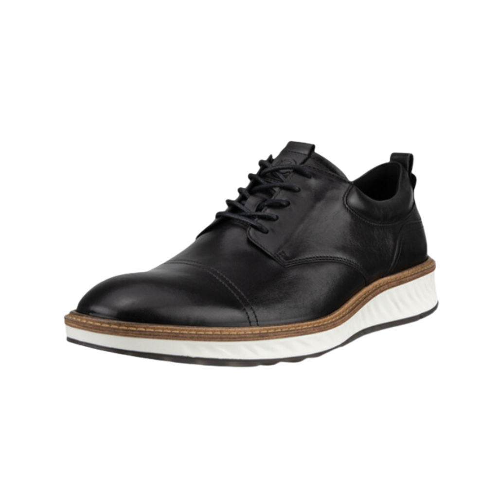 ECCO Men’s ST.1 Hybrid Derby in Black featuring a rich full-grain leather upper, traditional Derby lace-up design, FLUIDFORM™ Technology, SHOCK THRU™ heel technology, removable insole, moisture-wicking lining, and lightweight PU/TPU outsole for polished style and all-day comfort.