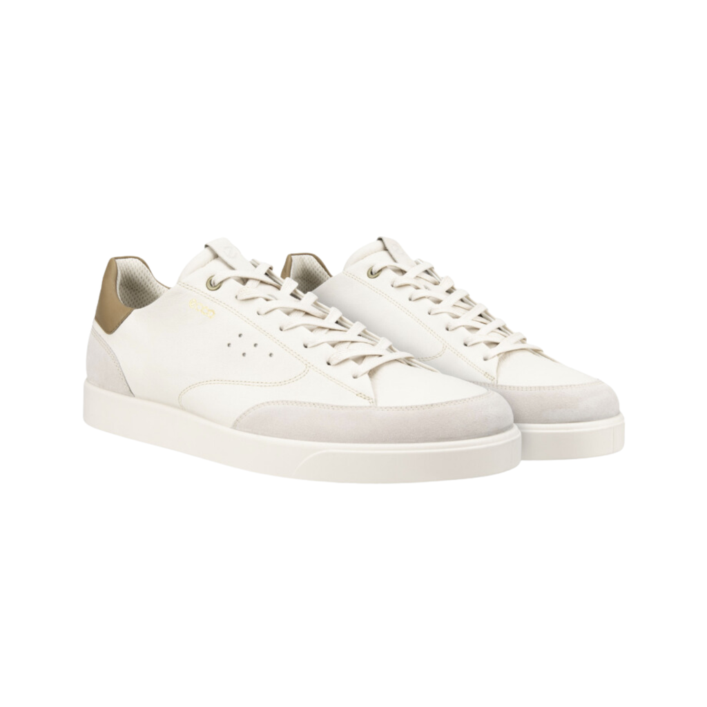 ECCO Street Lite Luxe in Limestone/Nutmeg Brown featuring a premium leather and suede upper, FLUIDFORM™ Direct Comfort Technology, padded collar and tongue, breathable textile lining, removable insole, and durable rubber outsole for supportive everyday comfort and versatile street style.