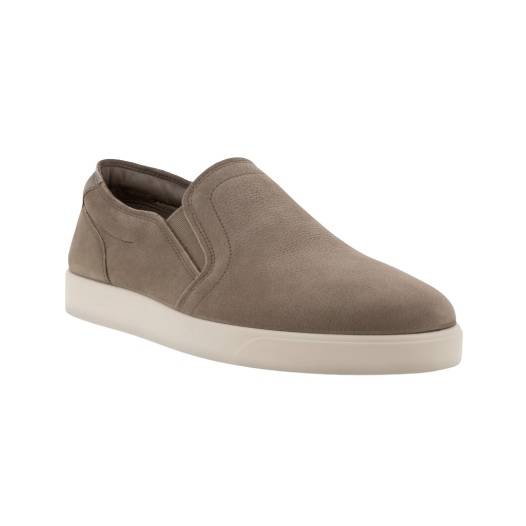 ECCO Street Lite Slip-On in Taupe featuring a soft suede upper, convenient slip-on design with elastic side panels, FLUIDFORM™ Direct Comfort Technology, padded collar, removable insole, and lightweight rubber outsole for flexible, supportive everyday comfort.