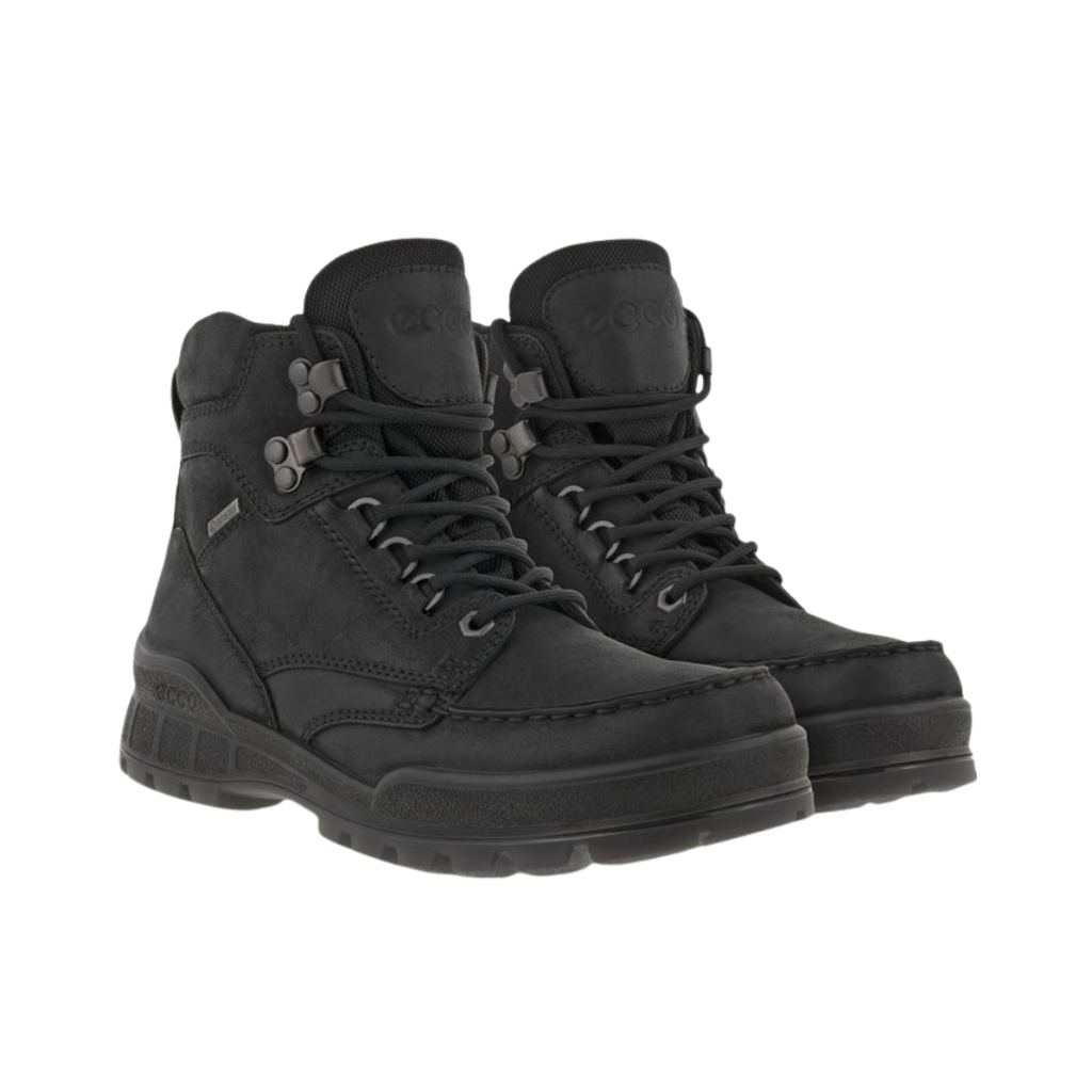 ECCO Track 25 Boot in Black featuring a premium oiled leather upper, GORE-TEX® waterproof membrane, FLUIDFORM™ Direct Comfort Technology, padded collar and tongue, removable insole, and durable PU/TPU outsole designed for rugged performance and all-day comfort.
