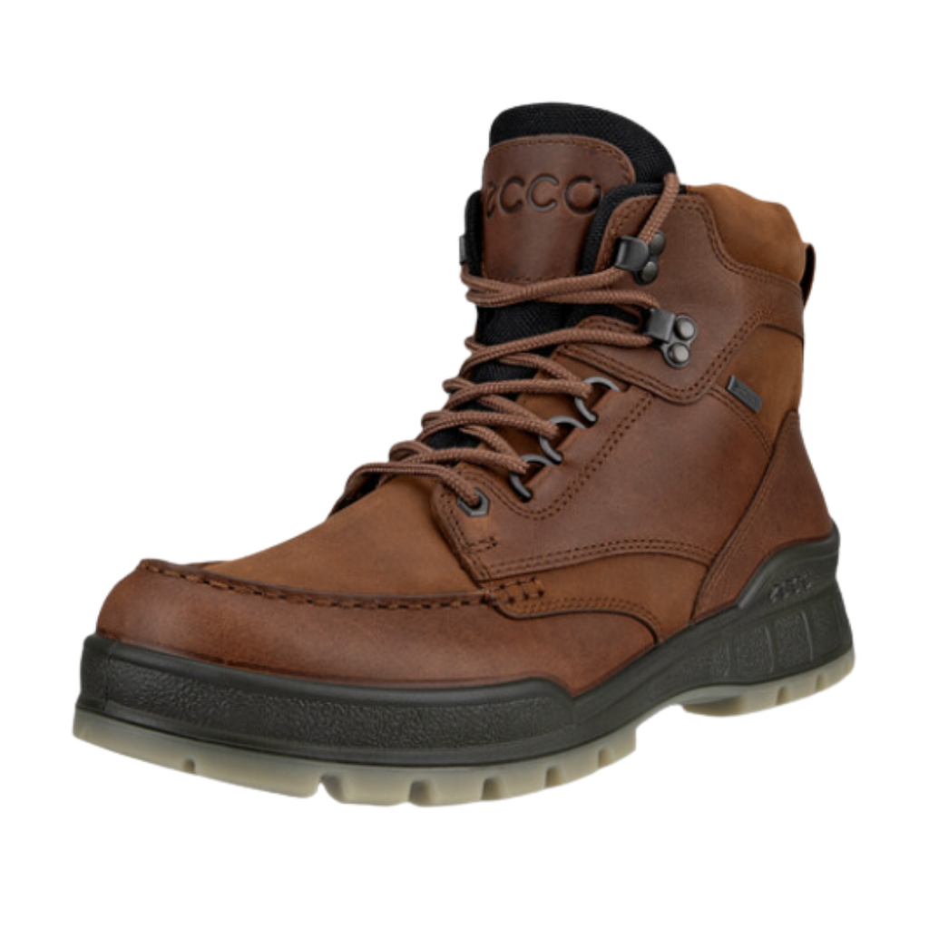 ECCO Track 25 Boot in Bison featuring a premium oiled leather upper, GORE-TEX® waterproof membrane, FLUIDFORM™ Direct Comfort Technology, padded collar and tongue, removable insole, and durable PU/TPU outsole designed for rugged performance and all-day comfort.