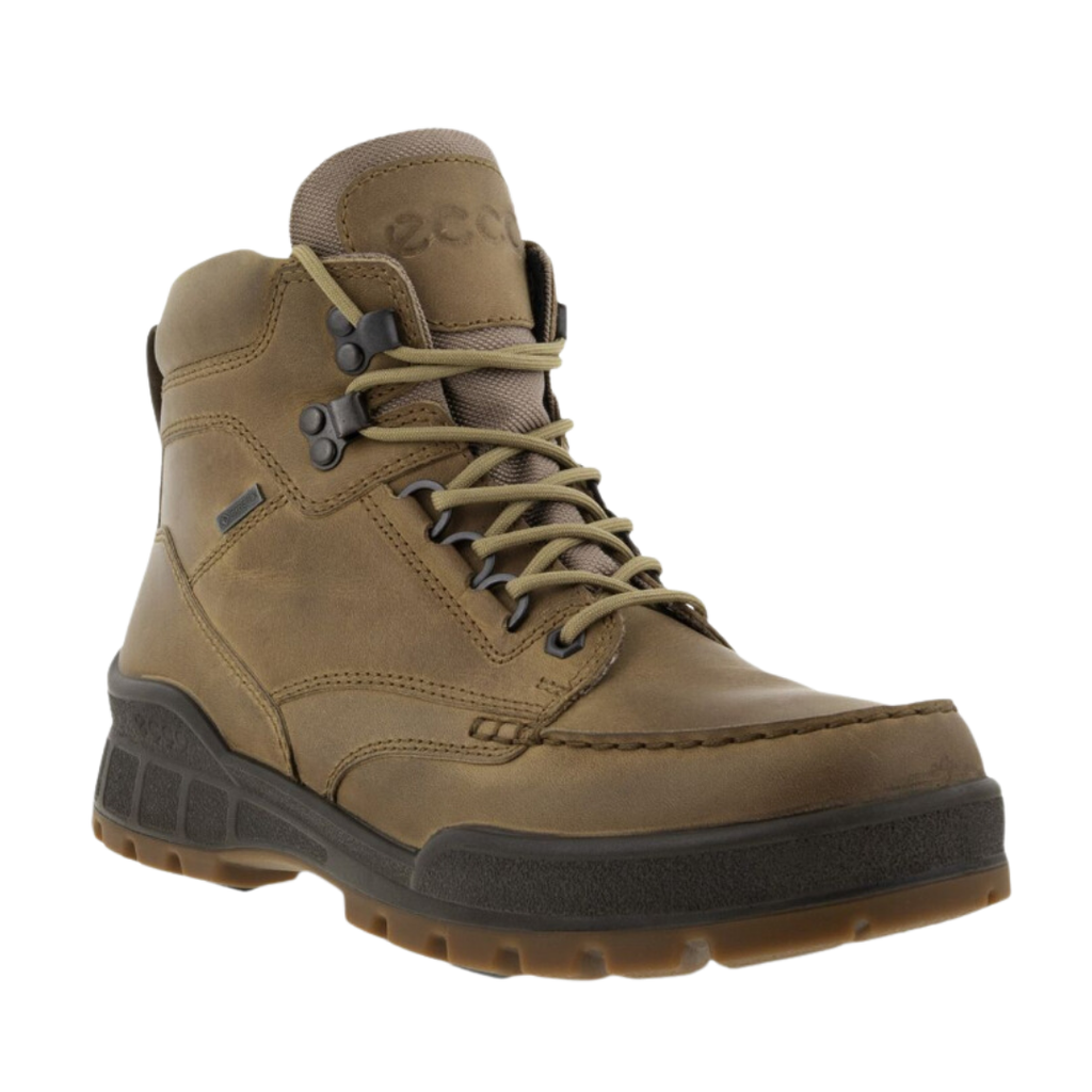 ECCO Track 25 Boot in Nutmeg Brown featuring a premium oiled leather upper, GORE-TEX® waterproof membrane, FLUIDFORM™ Direct Comfort Technology, padded collar and tongue, removable insole, and durable PU/TPU outsole designed for rugged performance and all-day comfort.