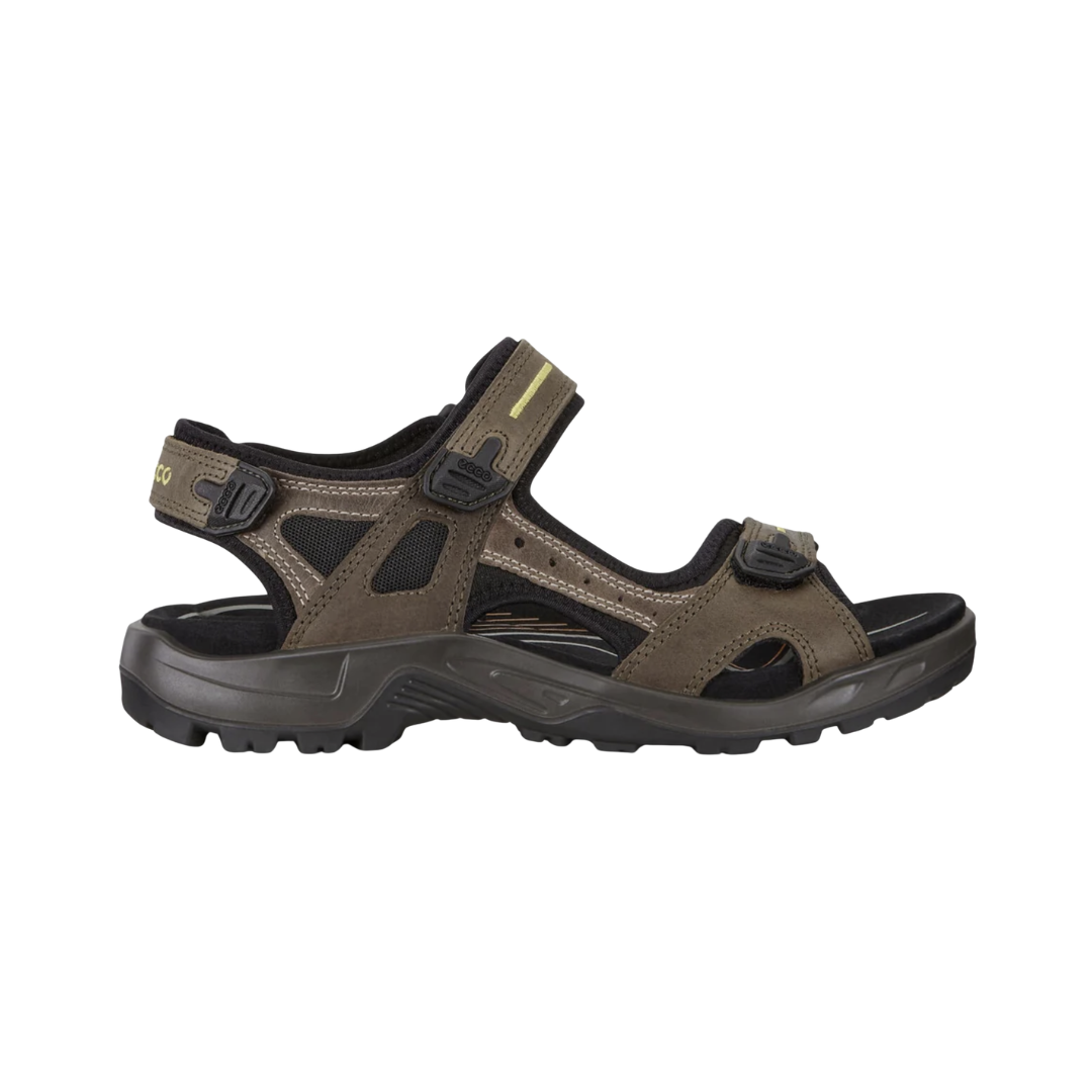 ECCO Offroad Yucatan Hiking Sandal in Tarmac/Moon Rock featuring durable nubuck leather uppers, adjustable hook-and-loop straps, RECEPTOR® Technology, dual-density EVA footbed, lightweight midsole foam, and aggressive rubber outsole designed for supportive comfort, stability, and trail-ready performance.
