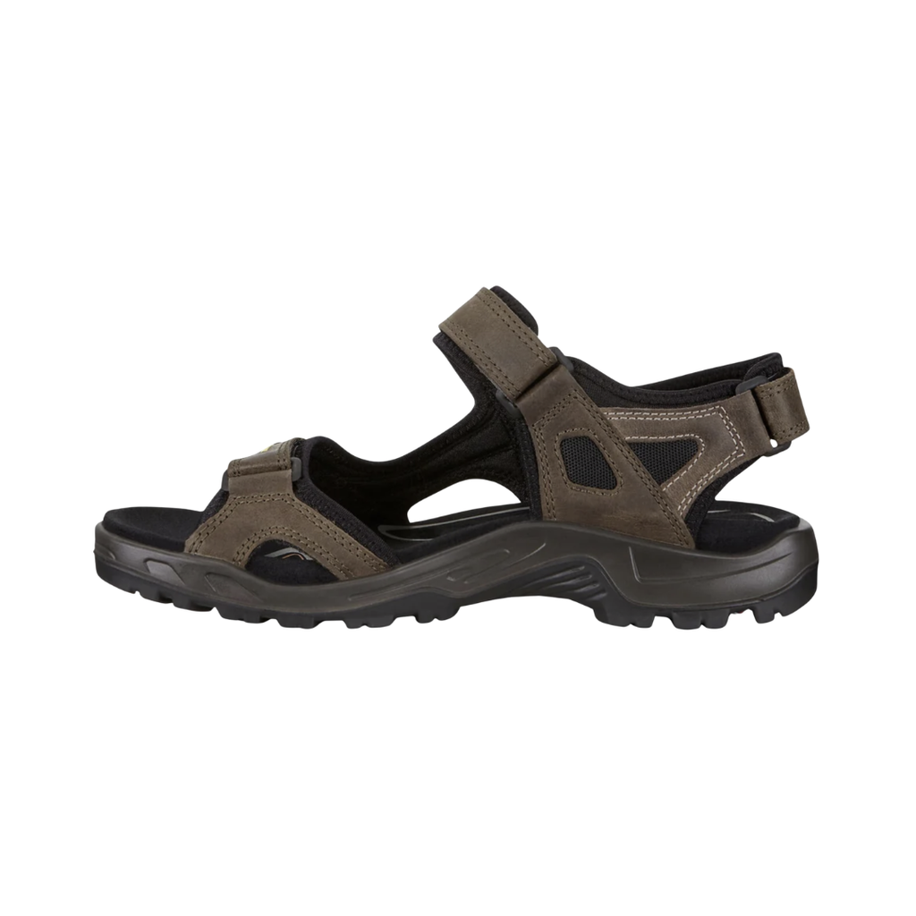 ECCO Offroad Yucatan Hiking Sandal in Tarmac/Moon Rock featuring durable nubuck leather uppers, adjustable hook-and-loop straps, RECEPTOR® Technology, dual-density EVA footbed, lightweight midsole foam, and aggressive rubber outsole designed for supportive comfort, stability, and trail-ready performance.