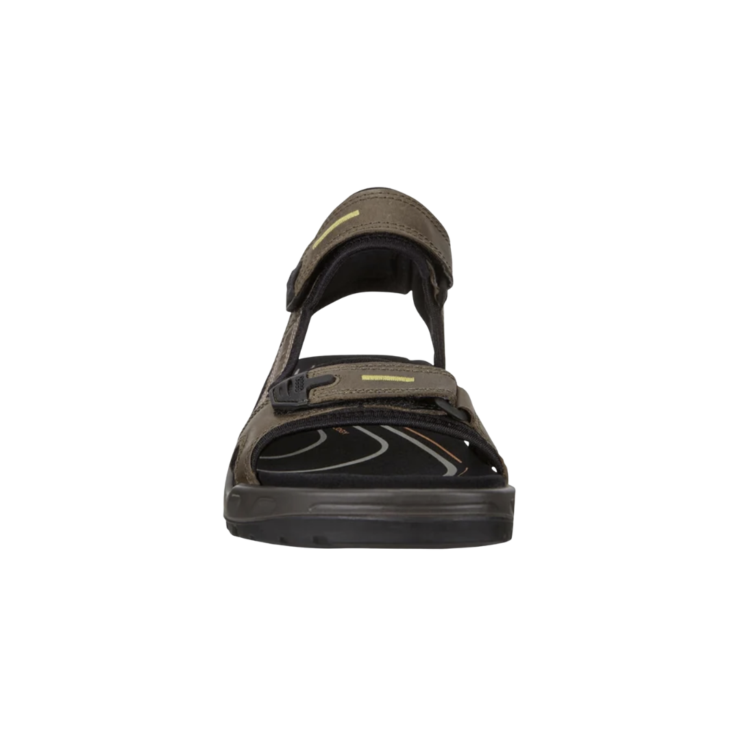 Front view of the ECCO Offroad Yucatan Hiking Sandal in Tarmac/Moon Rock showcasing the durable nubuck leather upper, open-toe design, adjustable forefoot strap, cushioned footbed, and rugged outdoor styling engineered for breathable comfort and secure movement.
