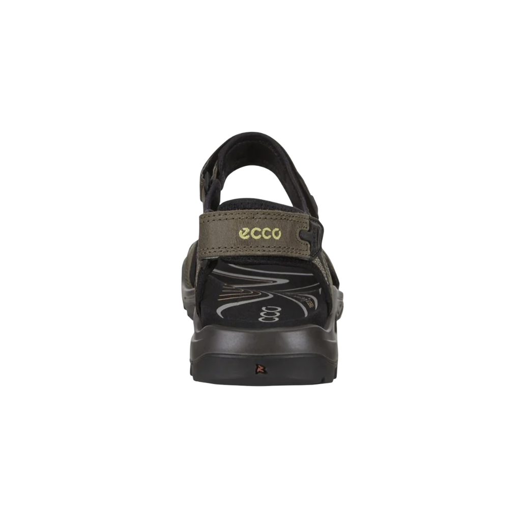 Back heel view of the ECCO Offroad Yucatan Hiking Sandal in Tarmac/Moon Rock highlighting the adjustable heel strap, supportive rearfoot construction, lightweight shock-absorbing midsole, and durable rubber outsole designed to improve stability and reduce impact during extended walking and outdoor activities.