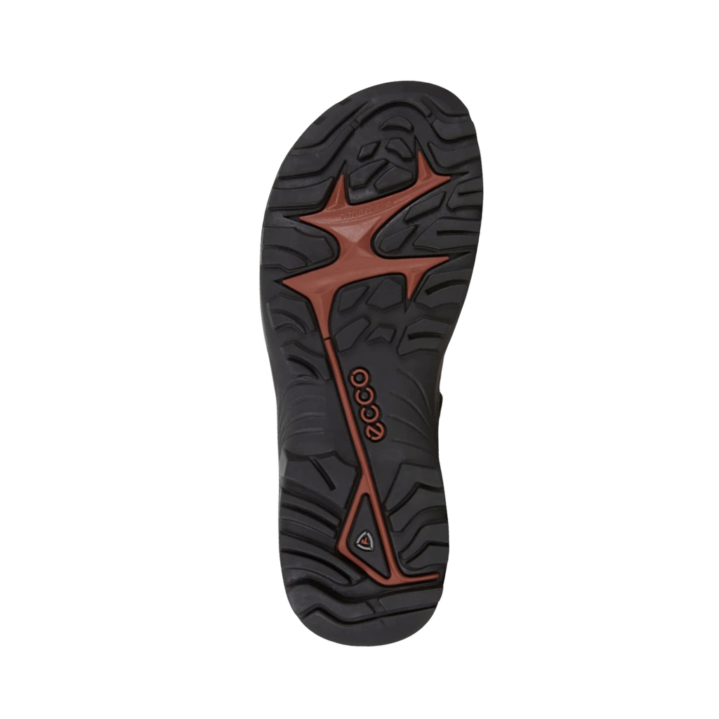Bottom outsole view of the ECCO Offroad Yucatan Hiking Sandal in Tarmac/Moon Rock featuring the rubber outsole with aggressive tread engineered to provide superior grip and durability across trails, uneven terrain, and urban surfaces while RECEPTOR® Technology, cushioned EVA construction, and lightweight midsole foam help provide comfort for conditions such as plantar fasciitis, flat feet, overpronation, heel spurs, Achilles irritation, arthritis, joint pain, and general foot fatigue.