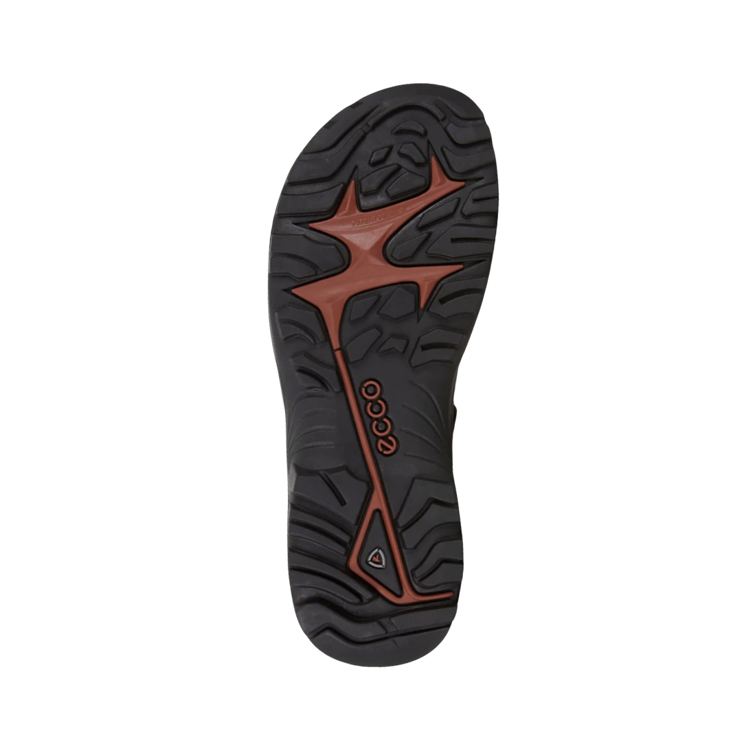 Bottom outsole view of the ECCO Offroad Yucatan Hiking Sandal in Tarmac/Moon Rock featuring the rubber outsole with aggressive tread engineered to provide superior grip and durability across trails, uneven terrain, and urban surfaces while RECEPTOR® Technology, cushioned EVA construction, and lightweight midsole foam help provide comfort for conditions such as plantar fasciitis, flat feet, overpronation, heel spurs, Achilles irritation, arthritis, joint pain, and general foot fatigue.