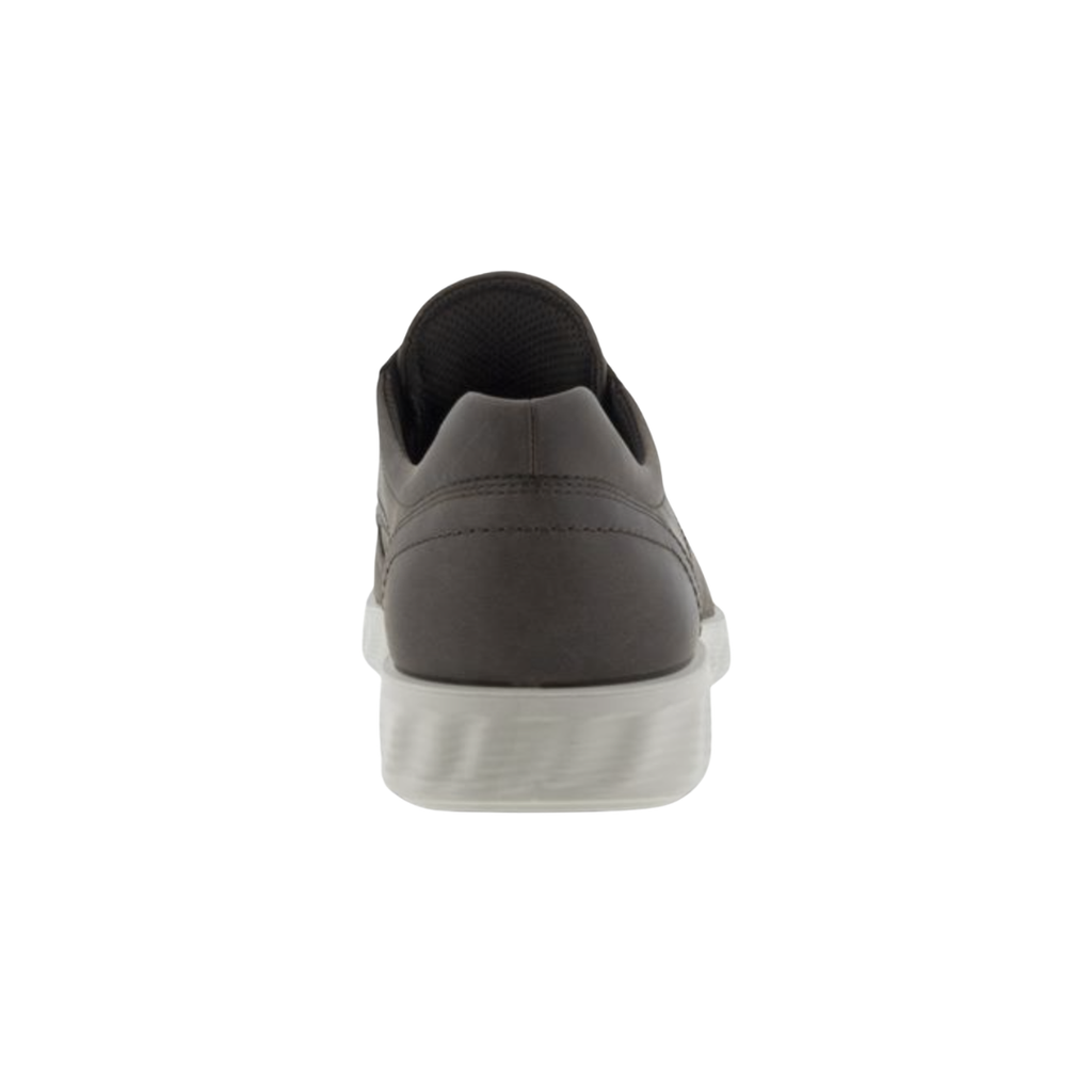 Back heel view of the ECCO S Lite Hybrid Derby in Coffee highlighting the supportive heel construction, cushioned FLUIDFORM™ sole, breathable textile lining, and lightweight PU outsole designed to provide stability, shock absorption, and comfortable support throughout the day.
