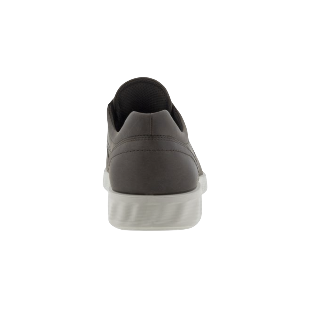 Back heel view of the ECCO S Lite Hybrid Derby in Coffee highlighting the supportive heel construction, cushioned FLUIDFORM™ sole, breathable textile lining, and lightweight PU outsole designed to provide stability, shock absorption, and comfortable support throughout the day.