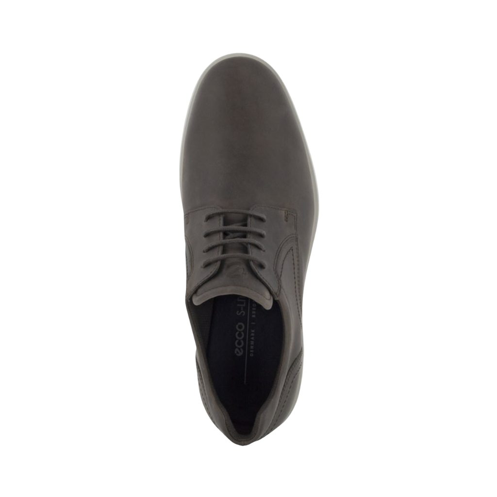 Top view of the ECCO S Lite Hybrid Derby in Coffee displaying the premium suede upper, classic lace-up system, structured toe, textile lining, and removable footbed designed to provide a secure fit while accommodating custom orthotics or supportive inserts.