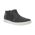 ECCO Women’s Soft 7 Low Bootie in Dark Shadow Diffuse featuring a premium nubuck upper, convenient inside zip closure, FLUIDFORM™ Direct Comfort Technology, anatomically shaped last, removable leather-covered insole, and durable PU/TPU outsole for lightweight, cushioned everyday comfort.