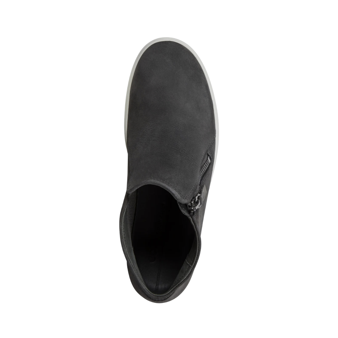 Top view of the ECCO Women’s Soft 7 Low Bootie in Dark Shadow Diffuse displaying the premium nubuck upper, streamlined bootie profile, inside zip closure, and removable leather-covered insole designed for easy entry and a comfortable fit while accommodating custom orthotics or supportive inserts.