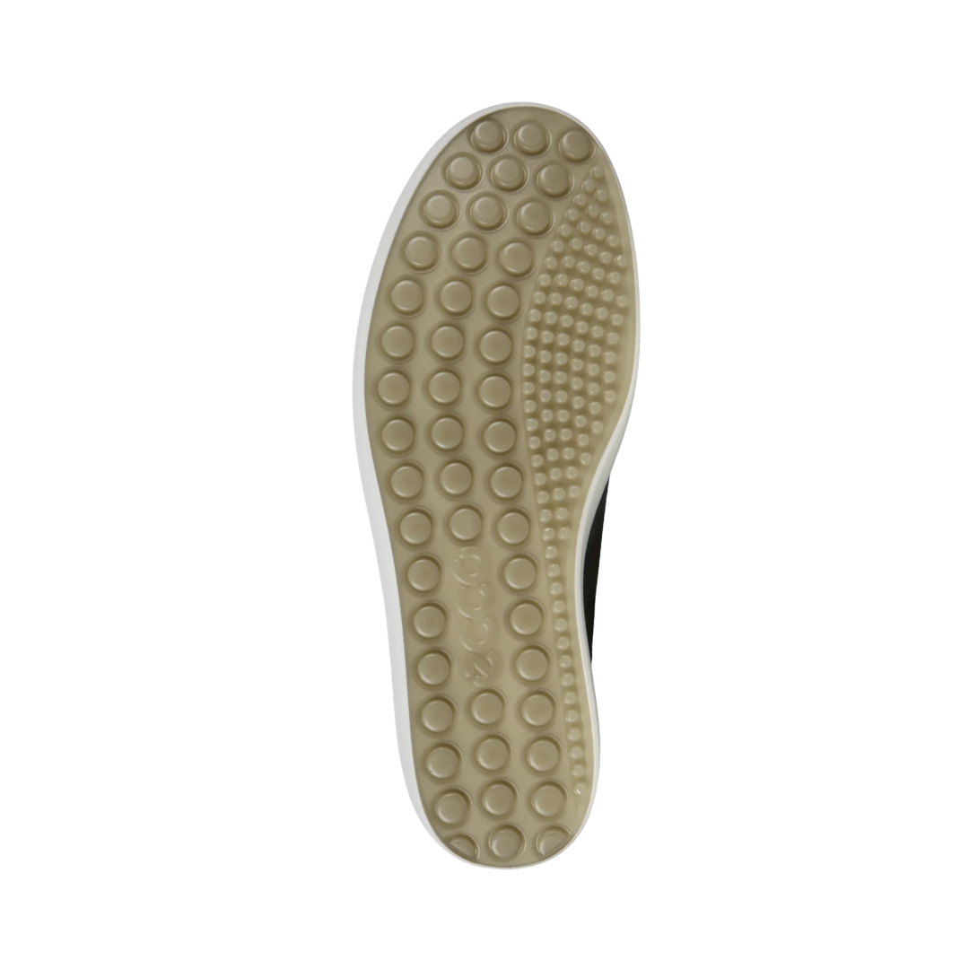 Bottom outsole view of the ECCO Women’s Soft 7 Low Bootie in Dark Shadow Diffuse featuring the durable PU/TPU outsole engineered to provide lightweight traction, flexibility, and shock absorption while FLUIDFORM™ Direct Comfort Technology helps provide supportive comfort for conditions such as plantar fasciitis, flat feet, overpronation, heel pain, sensitive feet, and metatarsalgia.
