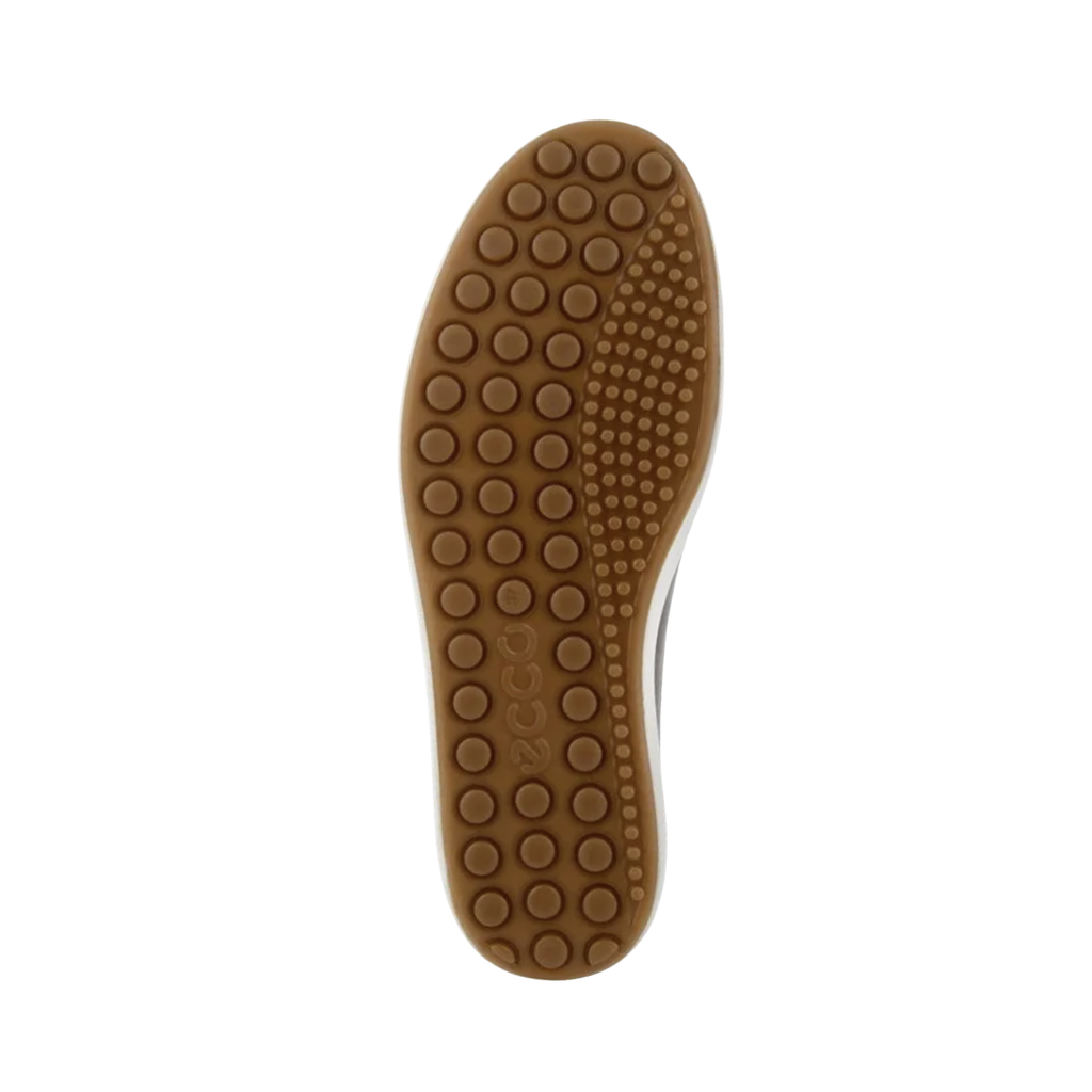 Bottom outsole view of the ECCO Women’s Soft 7 Sneaker in Taupe featuring the durable PU/TPU outsole engineered to provide lightweight traction and flexibility while FLUIDFORM™ Direct Comfort Technology and cushioned support help provide comfort for conditions such as plantar fasciitis, flat feet, fallen arches, metatarsalgia, sensitive feet, and general foot fatigue.
