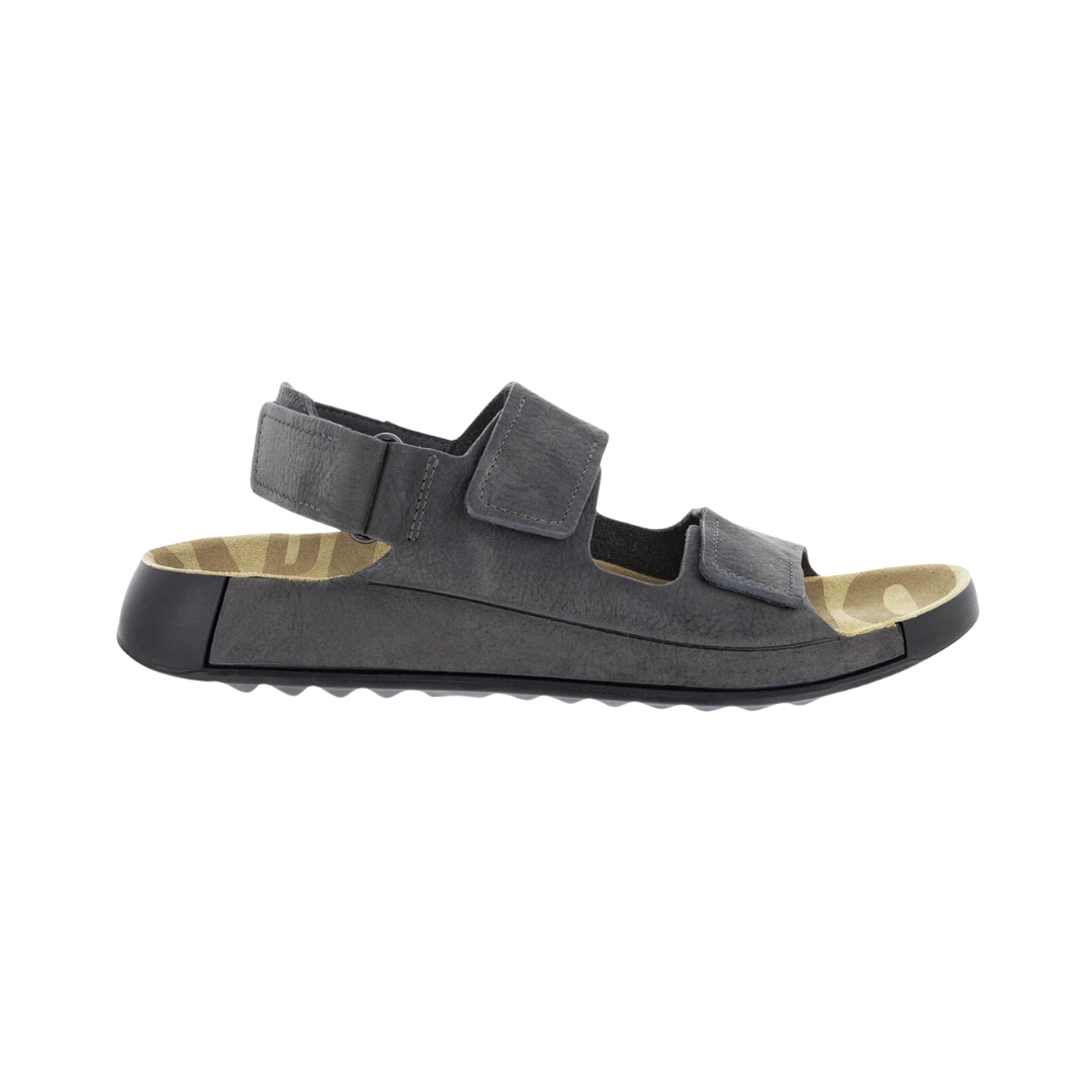 ECCO Men’s Cozmo 2 Leather Sandal in Titanium featuring a premium leather upper, dual adjustable hook-and-loop straps, anatomical footbed, FLUIDFORM™ Direct Comfort Technology, contoured midsole, and lightweight PU outsole designed for supportive, flexible comfort during warm-weather wear.