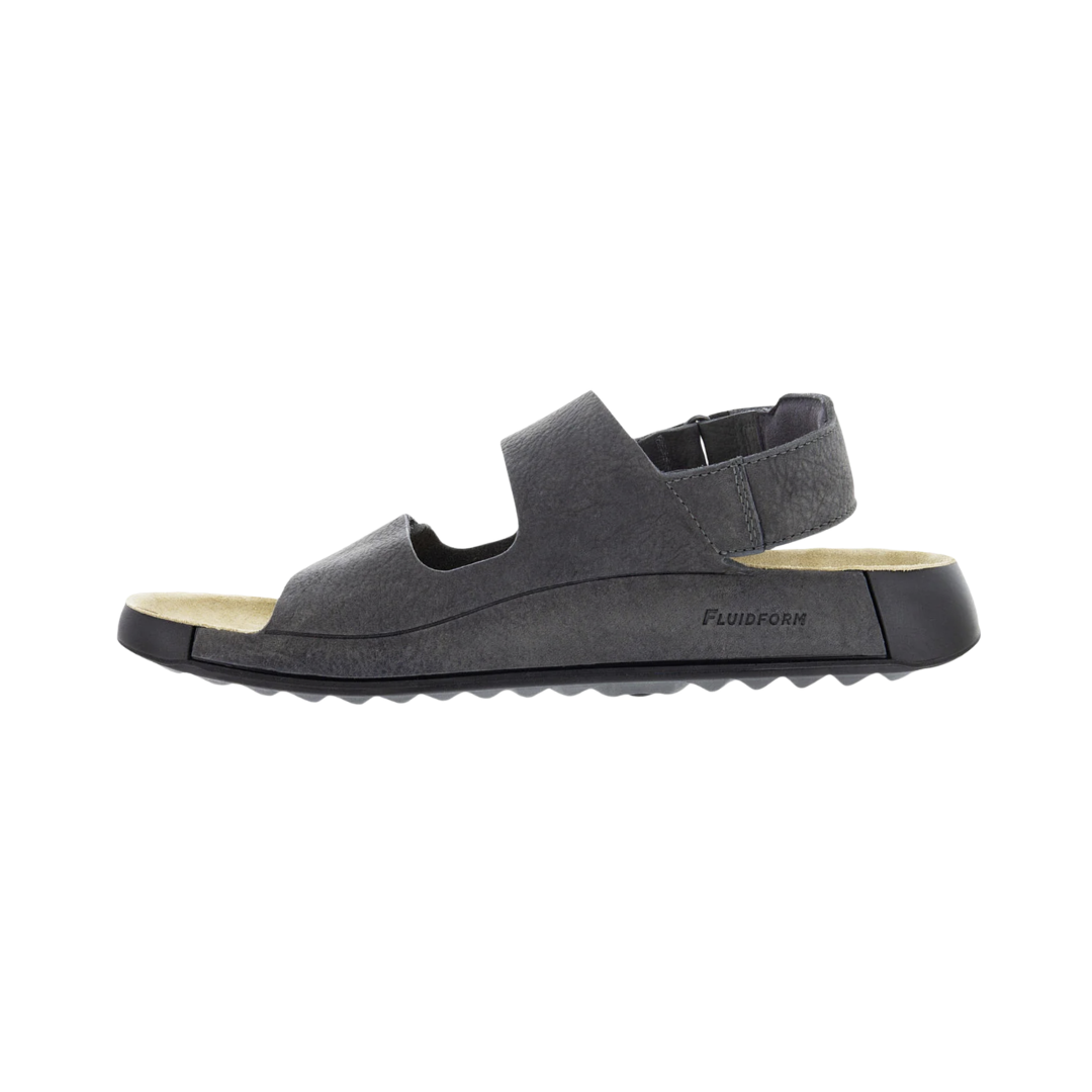 ECCO Men’s Cozmo 2 Leather Sandal in Titanium featuring a premium leather upper, dual adjustable hook-and-loop straps, anatomical footbed, FLUIDFORM™ Direct Comfort Technology, contoured midsole, and lightweight PU outsole designed for supportive, flexible comfort during warm-weather wear.
