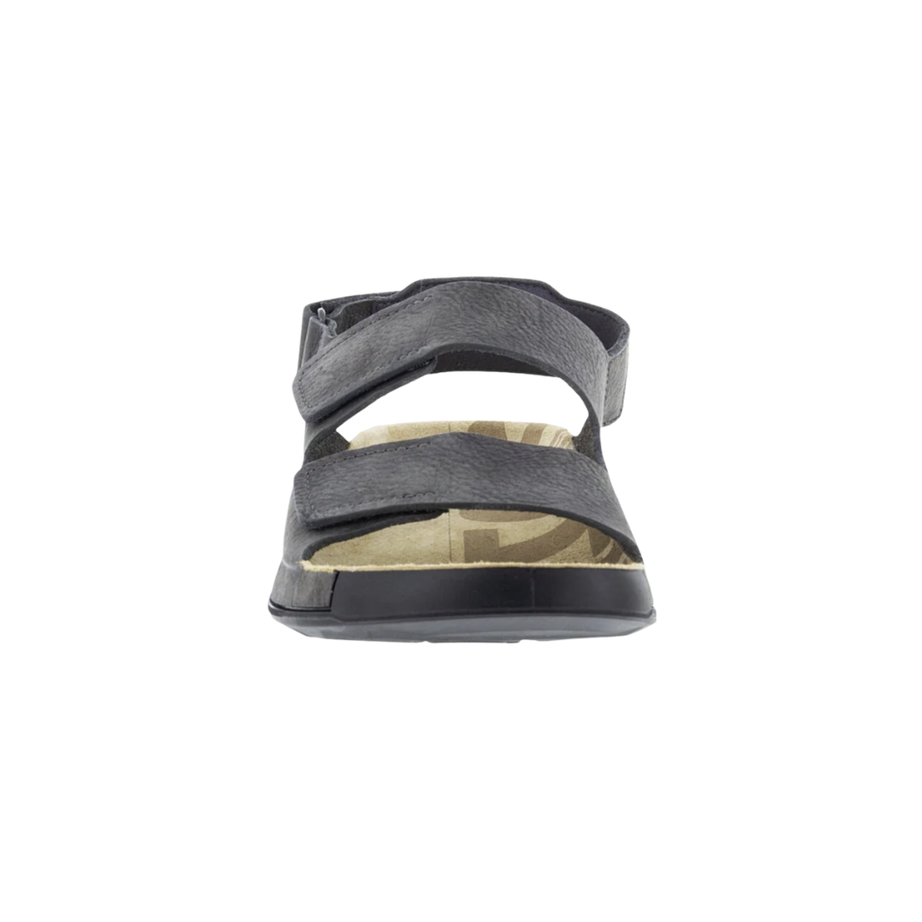 Front view of the ECCO Men’s Cozmo 2 Leather Sandal in Titanium showcasing the soft leather upper, open-toe design, dual adjustable straps, spacious forefoot, and minimalist styling designed for a secure, comfortable fit during everyday activities.