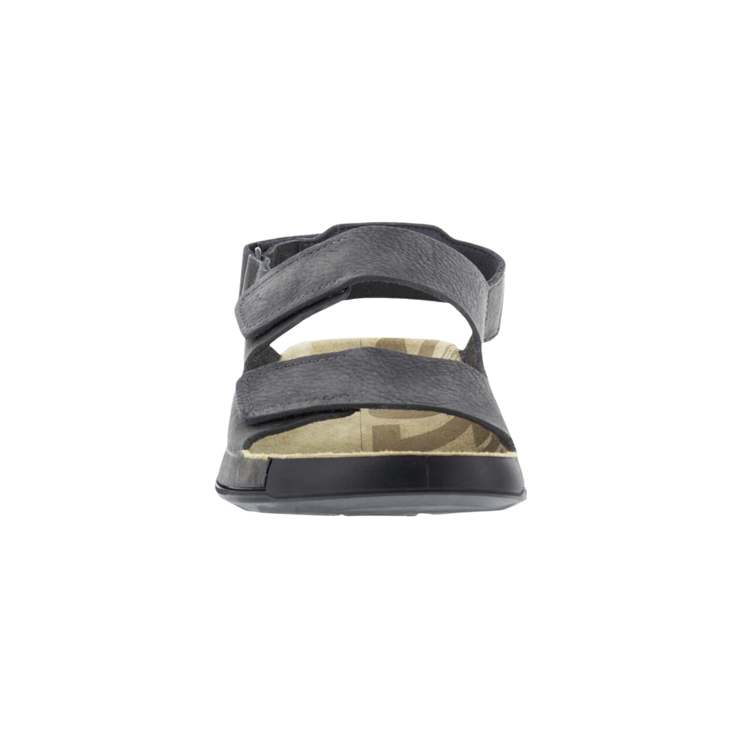 Front view of the ECCO Men’s Cozmo 2 Leather Sandal in Titanium showcasing the soft leather upper, open-toe design, dual adjustable straps, spacious forefoot, and minimalist styling designed for a secure, comfortable fit during everyday activities.