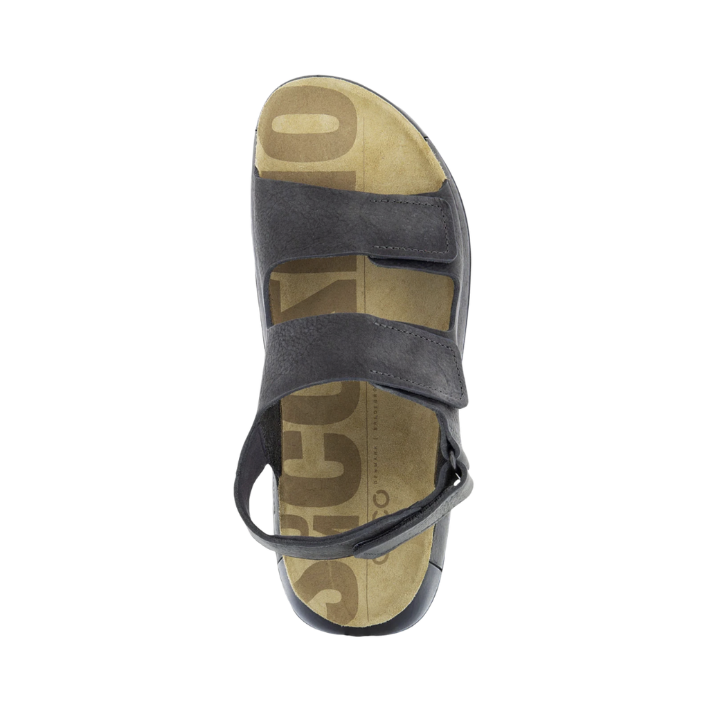 Top view of the ECCO Men’s Cozmo 2 Leather Sandal in Titanium displaying the premium leather upper, dual adjustable hook-and-loop straps, contoured anatomical footbed, and open design engineered to provide a secure personalized fit and supportive all-day comfort.