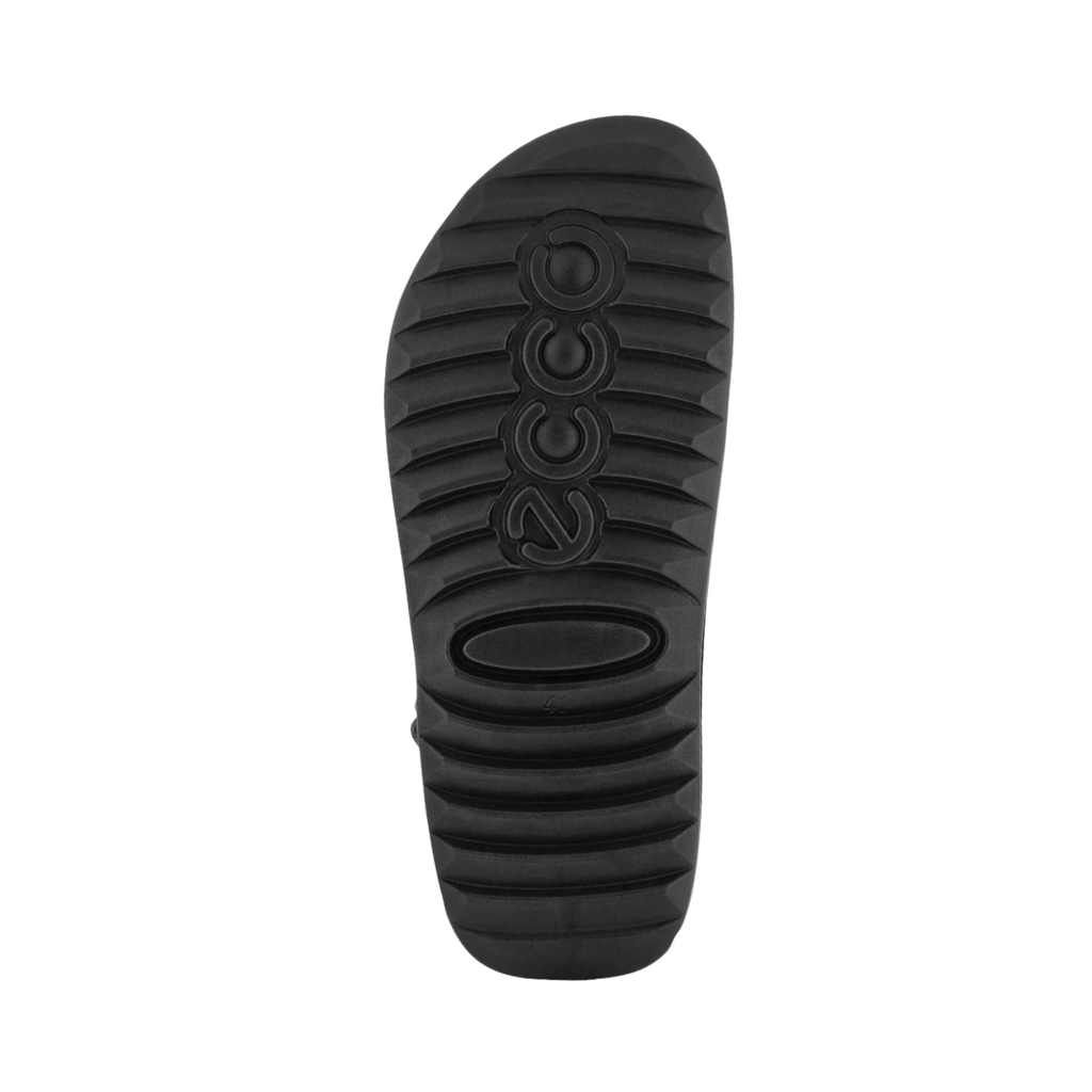 Bottom outsole view of the ECCO Men’s Cozmo 2 Leather Sandal in Titanium featuring the lightweight PU outsole designed to provide flexible traction and durability while the FLUIDFORM™ Direct Comfort Technology, anatomical footbed, and contoured midsole help provide comfort for conditions such as plantar fasciitis, flat feet, fallen arches, metatarsalgia, swollen or sensitive feet, and general foot fatigue.