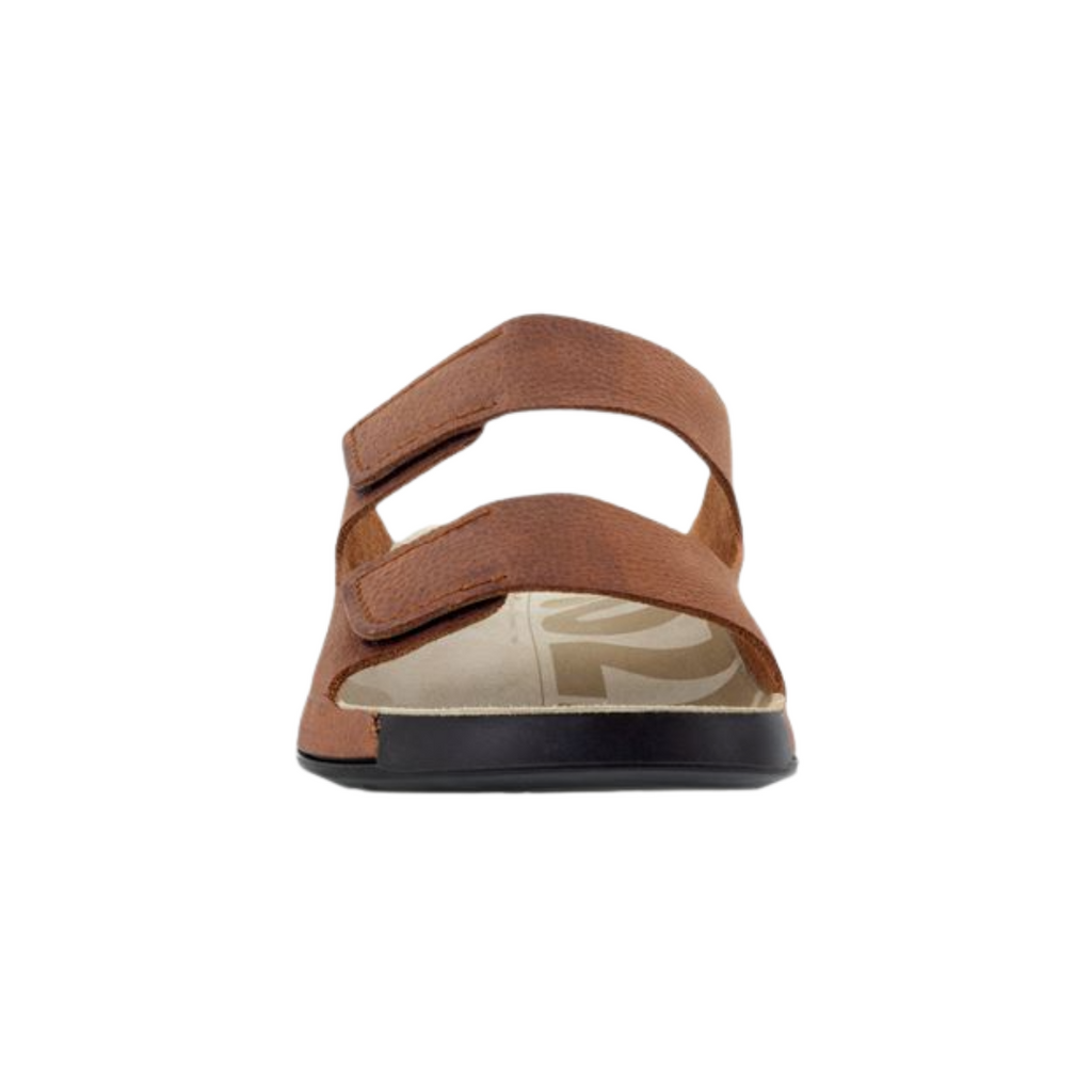 Front view of the ECCO Men’s 2nd Cozmo Slide Sandal in Tuscany showcasing the smooth full-grain leather upper, open-toe slide design, spacious forefoot, and minimalist construction designed for easy wear and comfortable warm-weather movement.