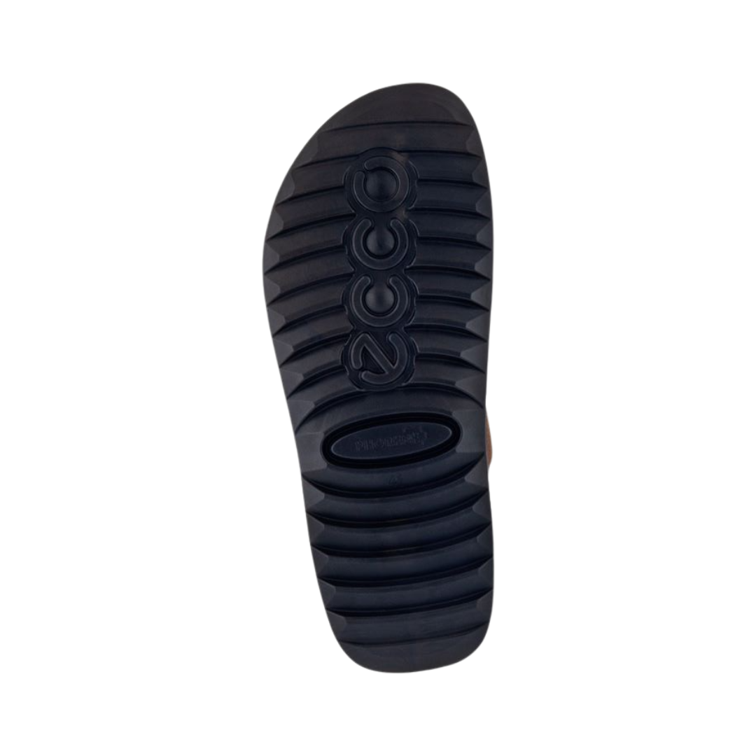 Bottom outsole view of the ECCO Men’s 2nd Cozmo Slide Sandal in Tuscany featuring the durable one-piece PU outsole engineered to provide lightweight cushioning, shock absorption, flexibility, and reliable everyday traction while the anatomical footbed and FLUIDFORM™ Direct Comfort Technology help provide comfort for conditions such as plantar fasciitis, flat feet, overpronation, heel pain, metatarsalgia, swollen or sensitive feet, and general foot fatigue.