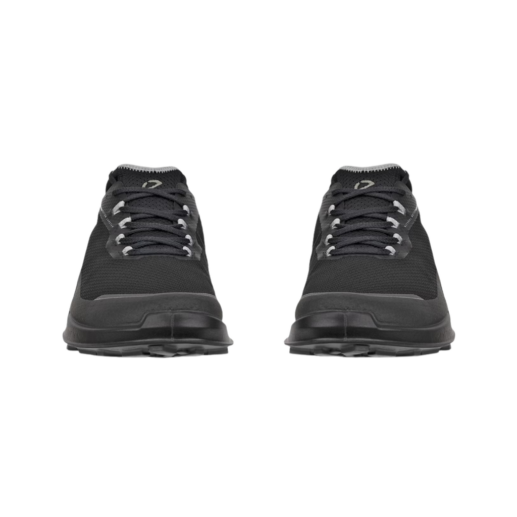 Front view of the ECCO BIOM 2.1 X Country Low Hiking Shoe in Black/Magnet showcasing the breathable ripstop mesh upper, secure lace-up closure, reinforced toe area, and streamlined low-profile design engineered for comfortable movement and reliable protection on outdoor adventures.