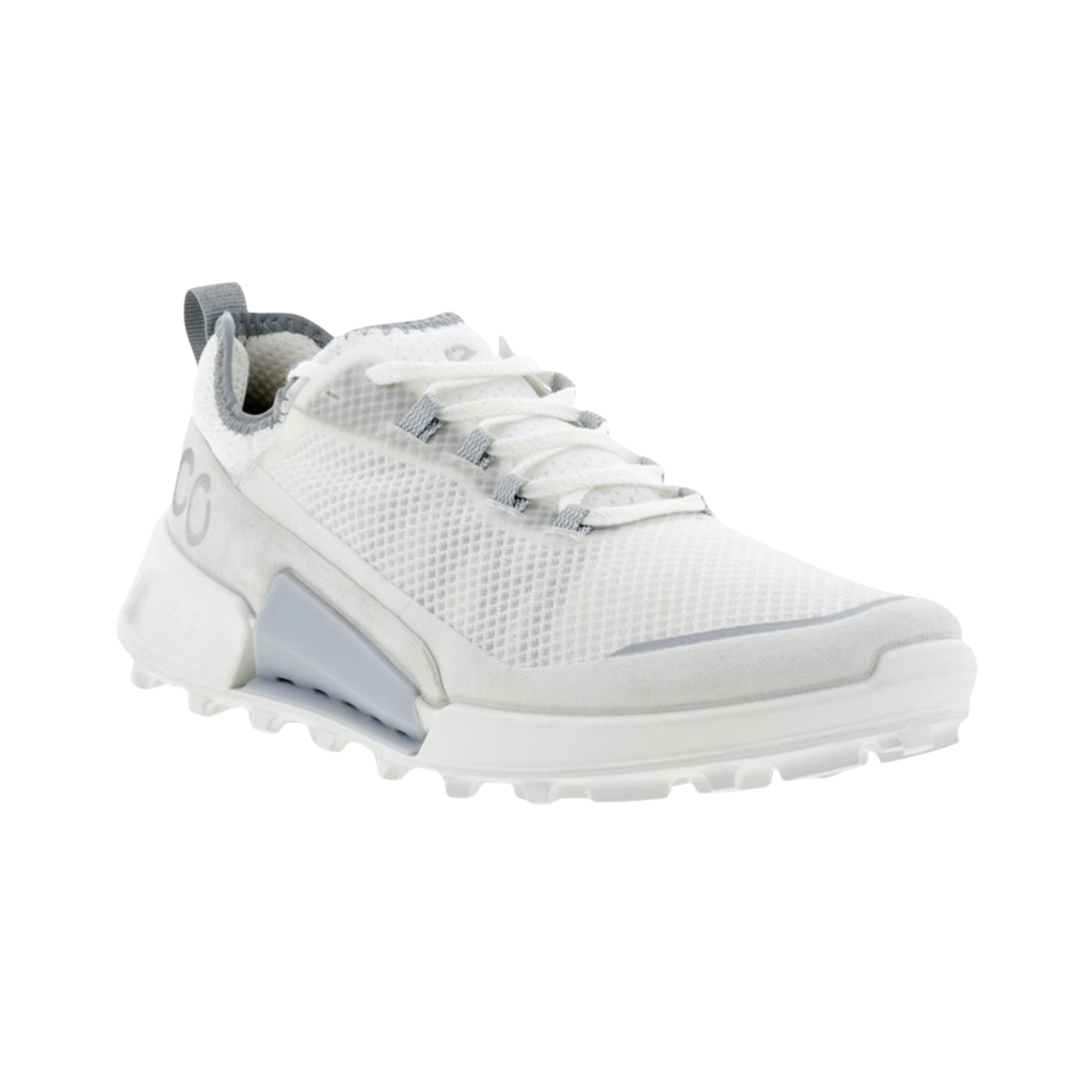 ECCO Women’s BIOM 2.1 X Country Low in Shadow White featuring a lightweight mesh and synthetic upper, BIOM® Natural Motion® Technology, soft textile lining, OrthoLite® removable insole, reinforced toe guard, and flexible rubber outsole with aggressive lugs designed for natural movement, stability, and trail-ready traction.