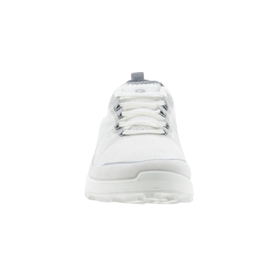 Front view of the ECCO Women’s BIOM 2.1 X Country Low in Shadow White showcasing the breathable mesh and synthetic upper, reinforced toe guard, secure lace-up closure, spacious forefoot, and streamlined trail shoe design engineered for comfortable movement on rugged terrain.
